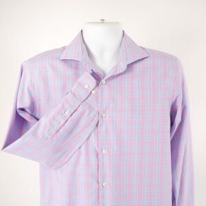 Pronto Uomo Pink‎ Blue Plaid 15.5 32/33 Non Iron Slim Fit Collared Dress Shirt